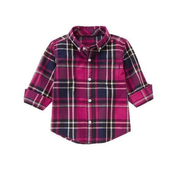 Gymboree Boys Shirt Size 18-24 Mo Fuchsia Plaid Holiday Gems Button Up Front NEW - Picture 1 of 6